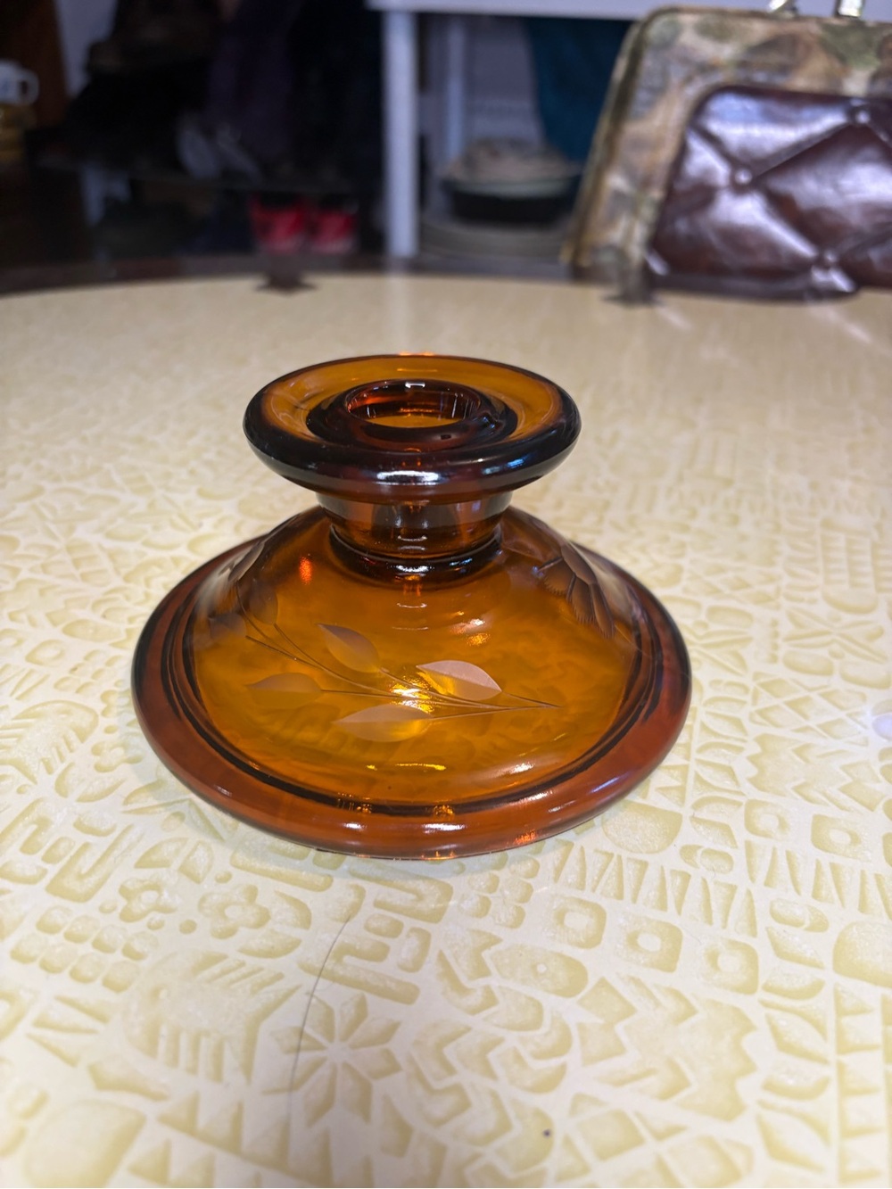 Vintage Amber Glass Candlestick Holder with Etched Leaf Detail
